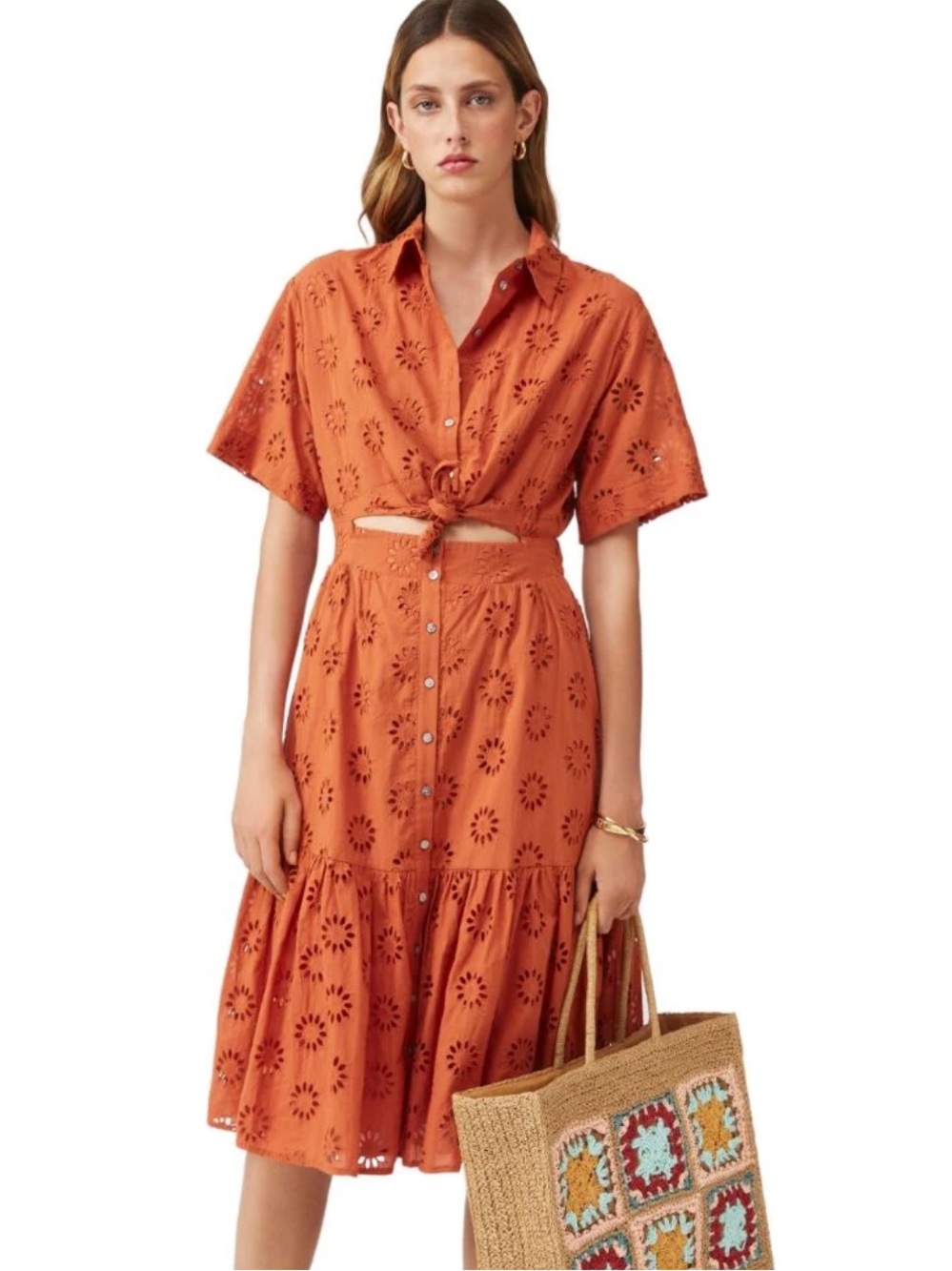 $237 Suncoo Chiara Eyelet Collared Dress-Terracotła Tie Front Collared SZ T0 XXS